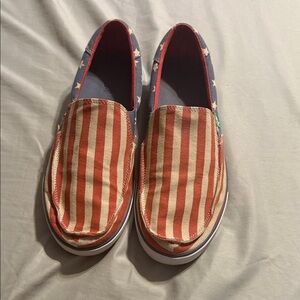 Sanuk Red and Blue Striped Loafers